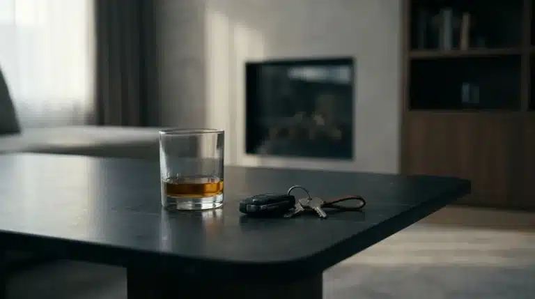 Whiskey and car keys on a dark table in a modern living room.