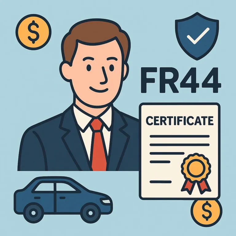 Man in suit with certificate, car, shield, and “FR44” signifying insurance requirements.
