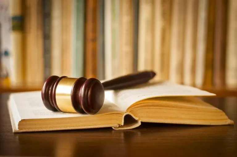 Gavel on open book with blurred bookshelves behind.
