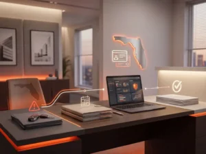 Laptop on desk with security data, folders, keys, and Florida icons by city window.
