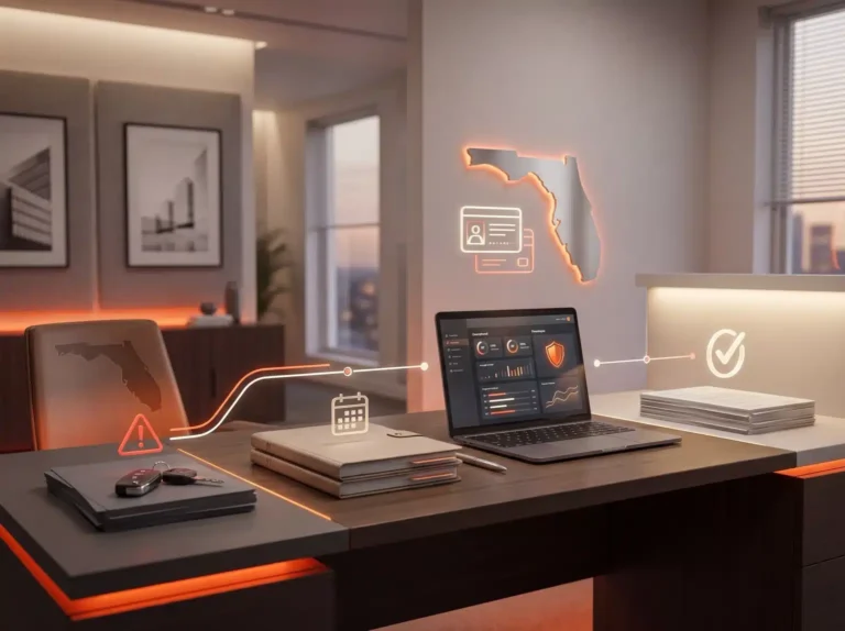 Laptop on desk with security data, folders, keys, and Florida icons by city window.