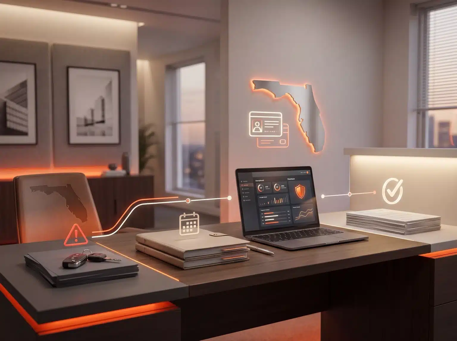 Laptop on desk with security data, folders, keys, and Florida icons by city window.