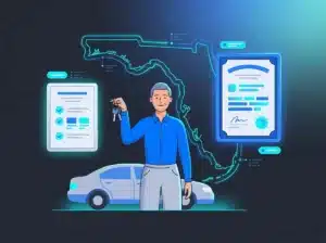 Illustration of a Florida driver holding car keys in front of a sedan, with a small SR-22 certificate on one side, a larger FR-44 certificate on the other, and a glowing outline of Florida behind him