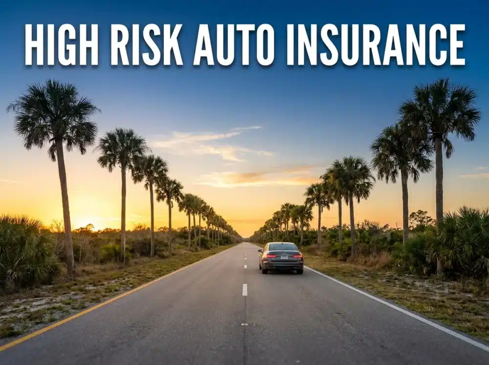 High risk auto insurance in Florida: palm-lined Florida highway at sunrise with a car on the road